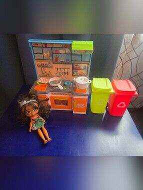 Kids Playset - Bright Toy Kitchen, Toy Garbage Bins & Doll